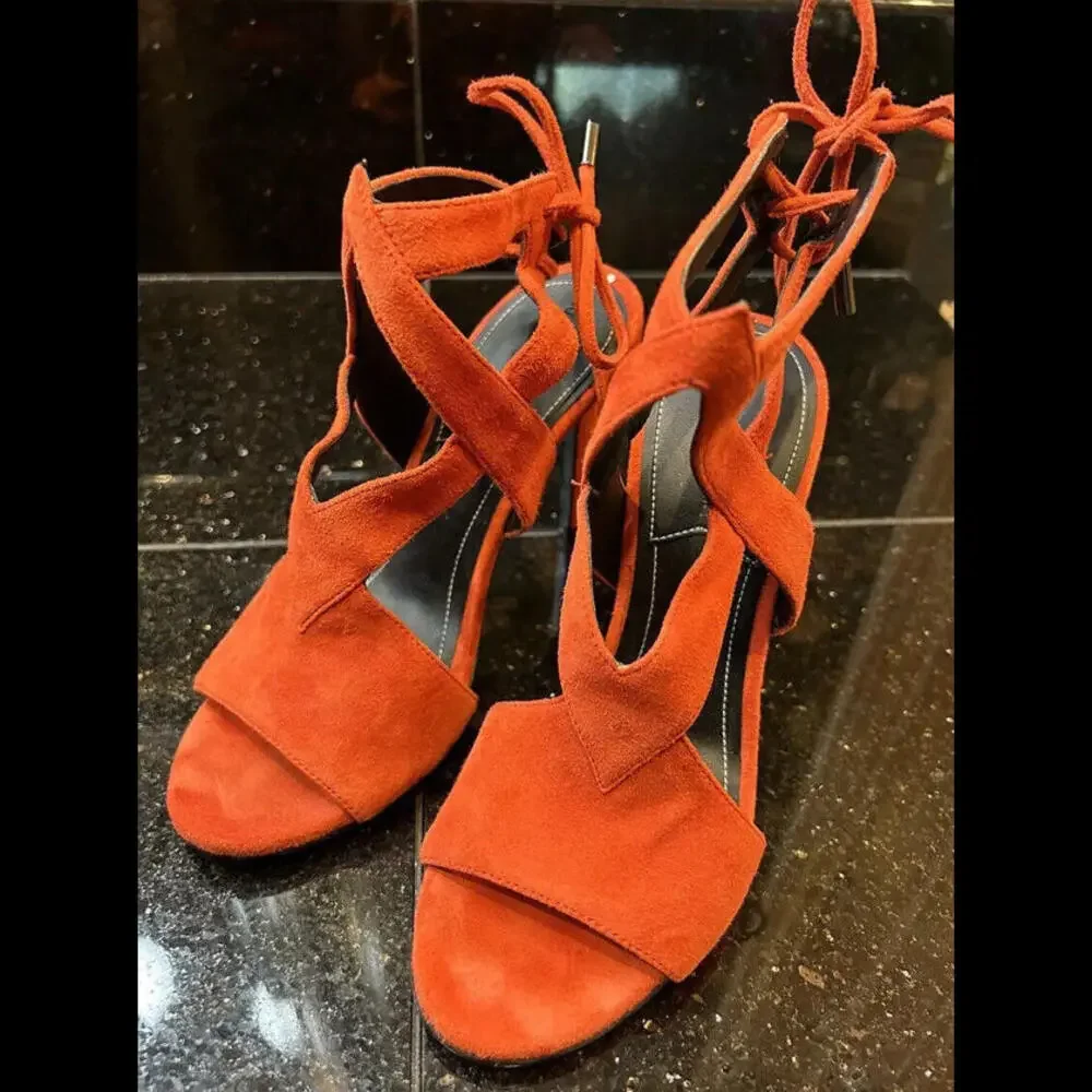 😎🧡Orange Ankle Tie Open Toe Stiletto Suede 4” Heels Kendall And Kylie Size 5.5